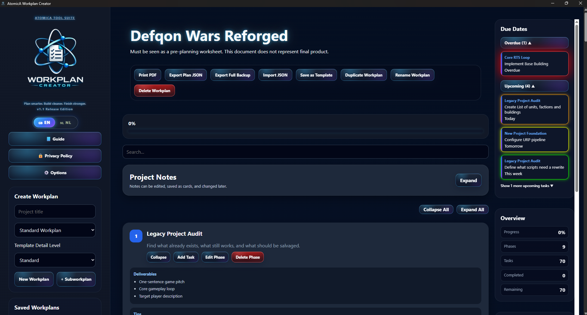 Workplan Creator dark mode